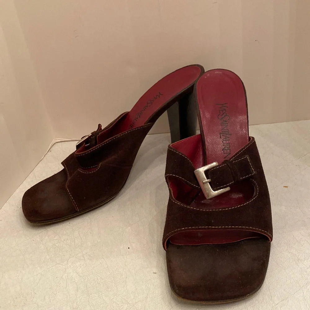 Yves Saint Laurent Brown Suede Vintage Square Toe Buckle Sandal Heel Pumps - Picture 2 of 13